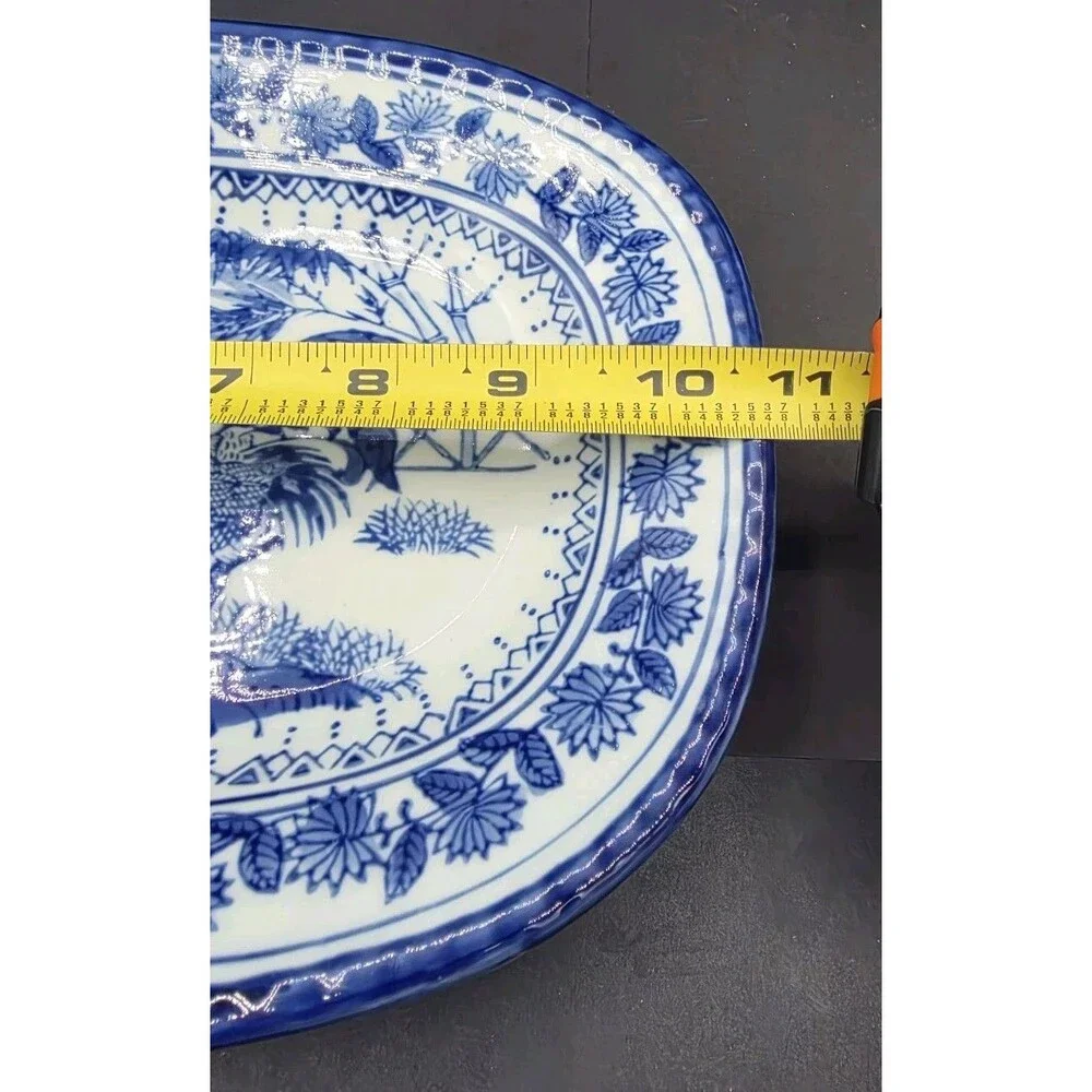 Vintage Flow Blue White Chinese Rooster Bread Platter - Just Displayed - EUC
